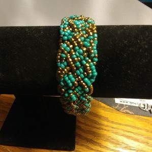 Bracelet 1970's Green & Brass Beads